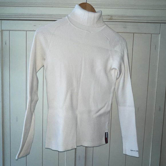 VTG Y2K Classic Tommy Hilfiger Cream Tan Logo Women's Ribbed Turtle Neck Size SP - Picture 1 of 7
